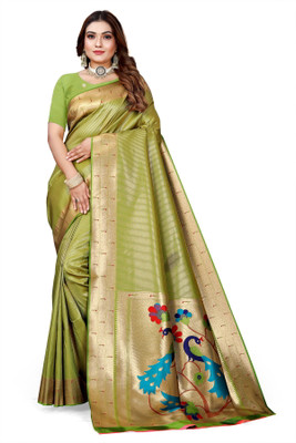 Owlsky Woven Kanjivaram Art Silk Saree(Light Green)