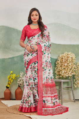 DHARMRAJ ENTERPRISE Digital Print Assam Silk Cotton Linen Saree(White)