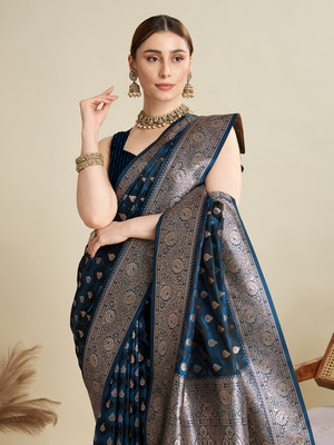 SICHYAH Woven, Embellished, Self Design Banarasi Satin, Silk Blend Saree(Dark Blue)