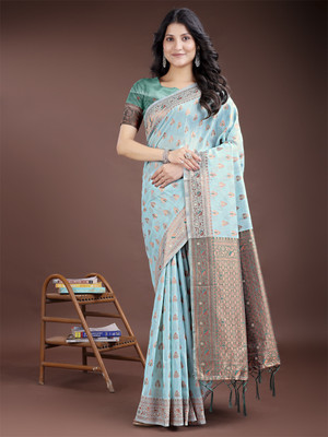 ASTITA Woven Saree with Attached Blouse Cotton Linen Saree(Light Blue)