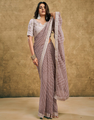 SIRIL Striped, Embellished Bandhani Georgette Saree(Purple)