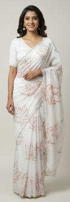 VasCloth Embroidered Palazzo Saree Cotton Blend Saree(White)
