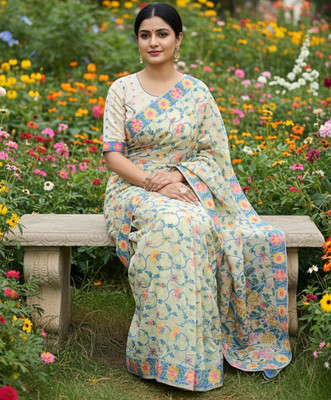 Sariya Woven Jamdani Cotton Blend Saree(Beige)
