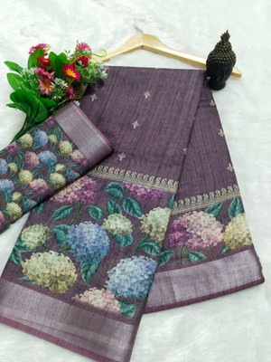HangerStories Printed Kanjivaram Cotton Linen, Linen Saree(Magenta)