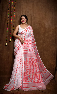 RIDDHIMAN FASHION Self Design Jamdani Cotton Linen Saree(White)