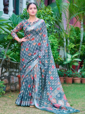 ANOUK Printed Daily Wear Linen Saree(Blue)