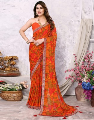 Divastri Geometric Print, Printed, Embellished Bollywood Chiffon Saree(Orange, Multicolor)