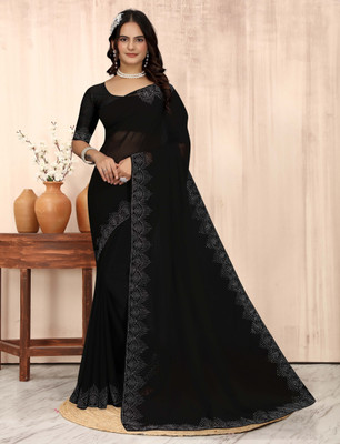 SARANGFEB Solid/Plain, Embellished Bollywood Art Silk Saree(Black)