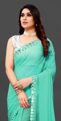 The Fashion Tax Embellished, Solid/Plain Banarasi Georgette Saree(Light Blue)