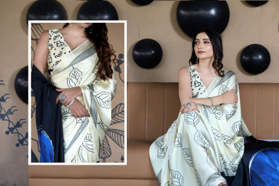 Margi Designers Striped, Printed Daily Wear Satin Saree(White)