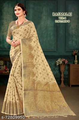 KRENIW Woven, Printed, Self Design, Floral Print Banarasi Cotton Silk, Jacquard Saree(Beige)