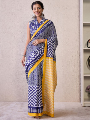 Divastri Printed Bandhani Cotton Blend Saree(Blue)