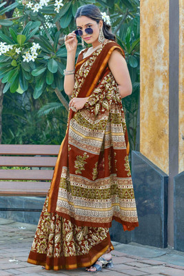 Peachmode Printed Bollywood Pure Cotton Saree(Brown)
