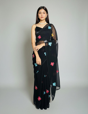 Fabbarries Embellished, Embroidered, Floral Print, Printed Daily Wear Georgette, Chiffon Saree(Black)