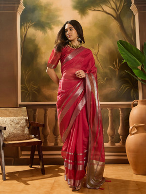Sangria Self Design Saree with Attached Blouse Organza Saree(Pink)