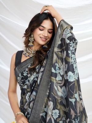 Tasrika Printed Banarasi Silk Blend Saree(Black)