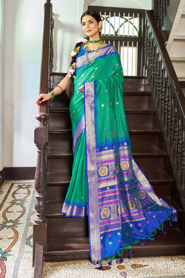 all about you Woven Bollywood Cotton Silk Saree(Green)