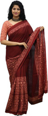 Tropwear Printed, Self Design, Digital Print, Hand Painted, Blocked Printed Ikkat Pure Cotton Saree(Maroon)