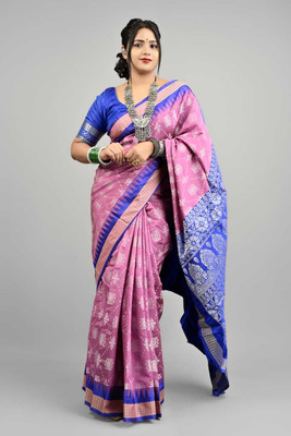 Sijileen Woven, Temple Border Sambalpuri Silk Blend Saree(Pink)