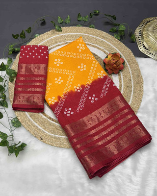 RegalDrapes Printed Bandhani Jacquard, Silk Blend Saree(Yellow, Red)