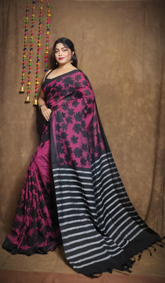 UR Affection Printed Sambalpuri Pure Cotton Saree(Pink, Black)