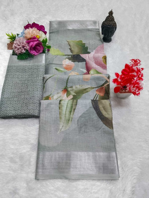 HouseOfCommon Printed Kanjivaram Pure Cotton, Cotton Linen Saree(Grey)