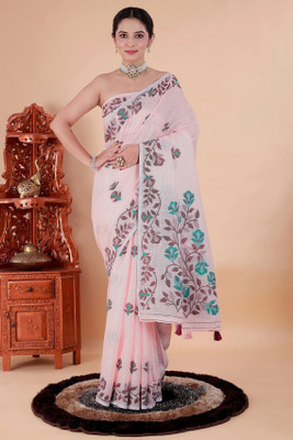 NEGRONI Floral Print Daily Wear Linen Saree(Pink)