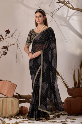 NERTA BOUTIQUE Printed, Self Design, Solid/Plain Bollywood Georgette Saree(Black)