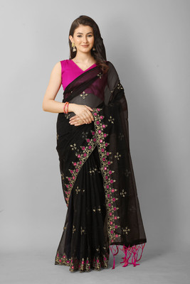TIRTH CREATION Embroidered Bollywood Supernet Saree(Black)