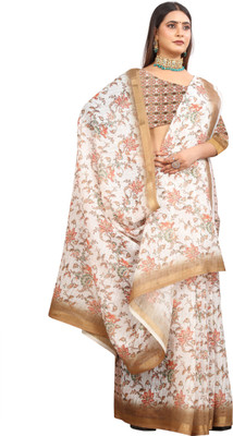 PRTRENDZ Printed Kanjivaram Pure Cotton, Cotton Linen Saree(Cream)