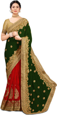 Kedar Fab Embroidered, Embellished, Dyed, Self Design Bollywood Silk Blend Saree(Green)