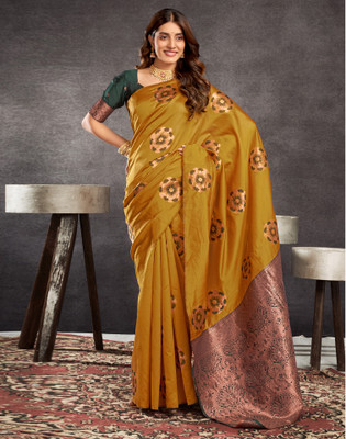 Samah Woven, Embellished, Self Design Banarasi Silk Blend Saree(Mustard, Dark Green)