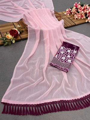 V AMAN FASHION Solid/Plain, Embroidered Bollywood Chiffon Saree(Pink)