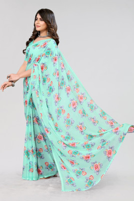 Nirvaan Floral Print Bollywood Georgette Saree(Green)