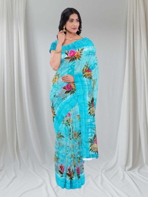 Classy Foriever Printed Daily Wear Cotton Blend Saree(Light Blue)