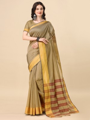 Indian Fashionista Striped Daily Wear Cotton Silk Saree(Cream)