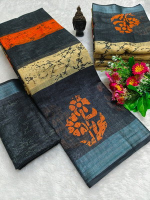 PRTRENDZ Printed Kanjivaram Pure Cotton, Cotton Linen Saree(Black, Orange)