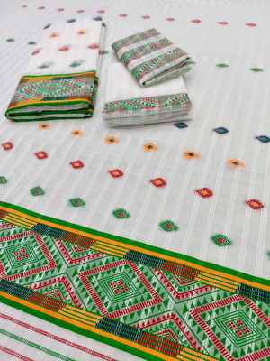 Sarita silk mills Striped, Woven, Geometric Print Mekhela Chador Cotton Blend Saree(Green)