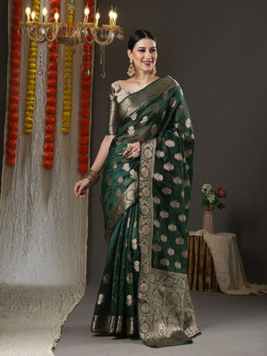 Aformi Solid/Plain, Temple Border, Woven Banarasi Organza Saree(Dark Green)