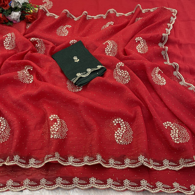BELLETRENDZ Embroidered Bollywood Crepe Saree(Red)