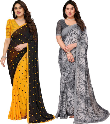 Anand Sarees Embellished, Printed, Self Design Bollywood Georgette Saree(Pack of 2, Yellow, Black, Grey)