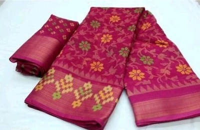 Suali Floral Print Patola Cotton Linen Saree(Pink)