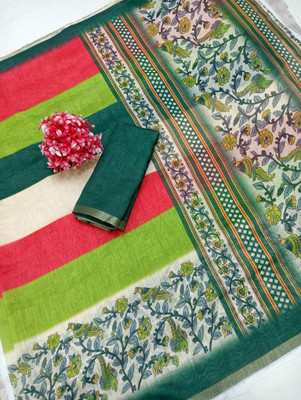 Gajal Printed Kanjivaram Linen, Cotton Linen Saree(Green)