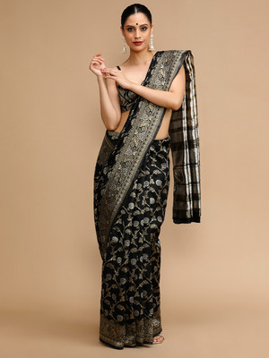 House of Pataudi Woven Banarasi Silk Blend Saree(Black)