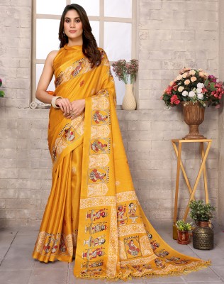 Divastri Printed Bhagalpuri Art Silk, Lace Saree(Yellow)