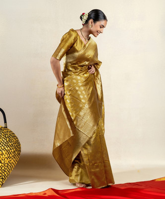SUBHAM Woven, Embellished Kanjivaram Silk Blend Saree(Mustard, Gold)