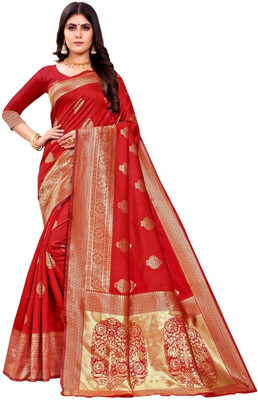 SHRIMAY Woven Kanjivaram Silk Blend Saree(Red)