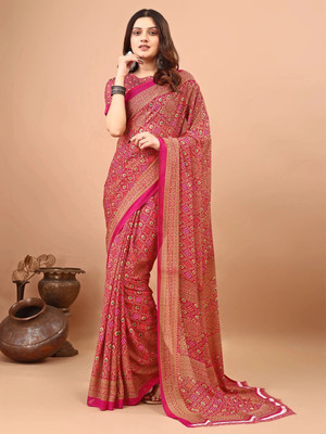 VIBHAGYAA Printed Bandhani Georgette Saree(Pink, Beige)