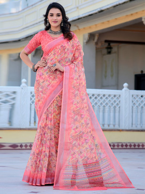 Anouk Rustic Digital Print Chinnalapattu Cotton Linen Saree(Pink)