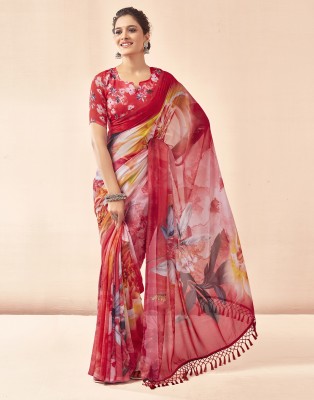 Satrani Digital Print, Printed Bollywood Georgette Saree(Red, Multicolor)